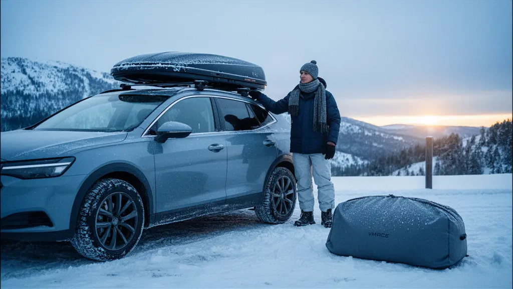 A snowy roadside scene where a family compares a hard roof box on a car with a soft roof bag beside it, highlighting winter travel durability.