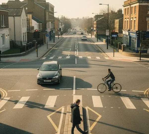 New Highway Code rules implementation on UK roads showing safe driving interactions