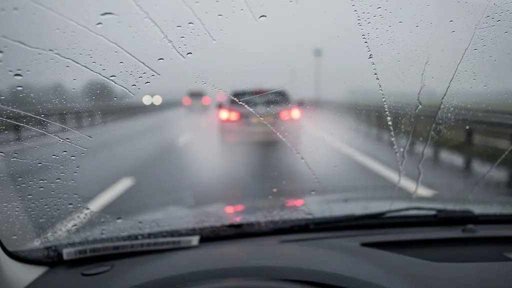 A driver's point-of-view on a wet highway, looking through a rain-streaked windshield at the spray cloud from the car ahead, emphasizing reduced visibility.