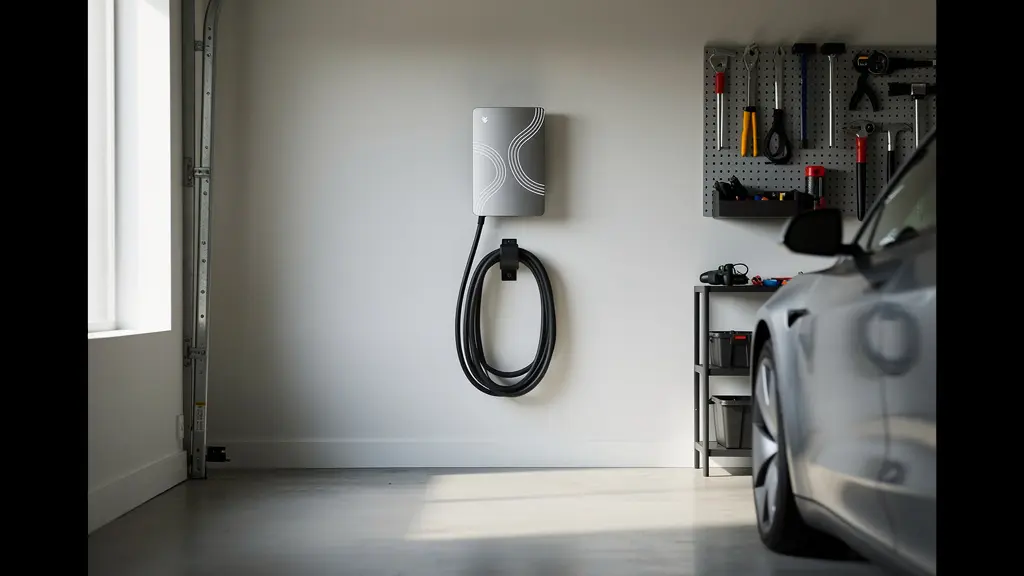 A modern, wall-mounted EV charger is shown installed in a clean, residential garage.
