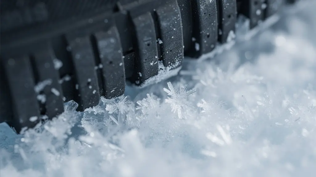 An extreme close-up of a tire tread on an icy surface, highlighting the minimal contact and lack of grip due to the ice crystals.