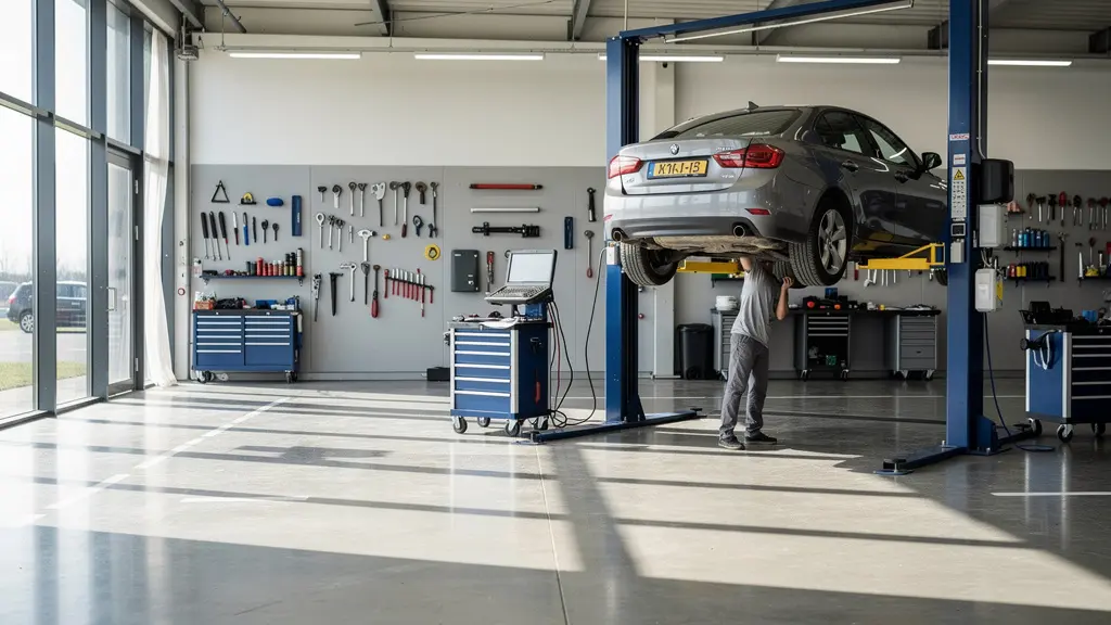 Certified independent mechanic performing detailed engine inspection in professional auto workshop