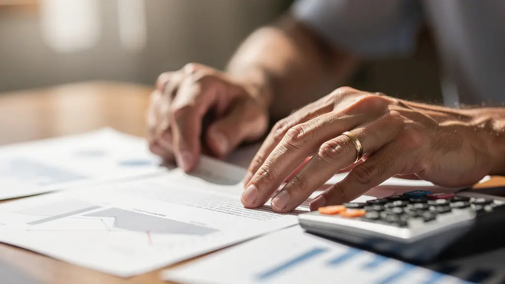 Close-up of hands working with financial documents and calculator for insurance calculations
