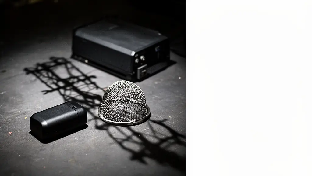 A symbolic, brandless still life showing a small tracker-like object and an abstract interference motif suggesting signal disruption, with no screens or readable markings.
