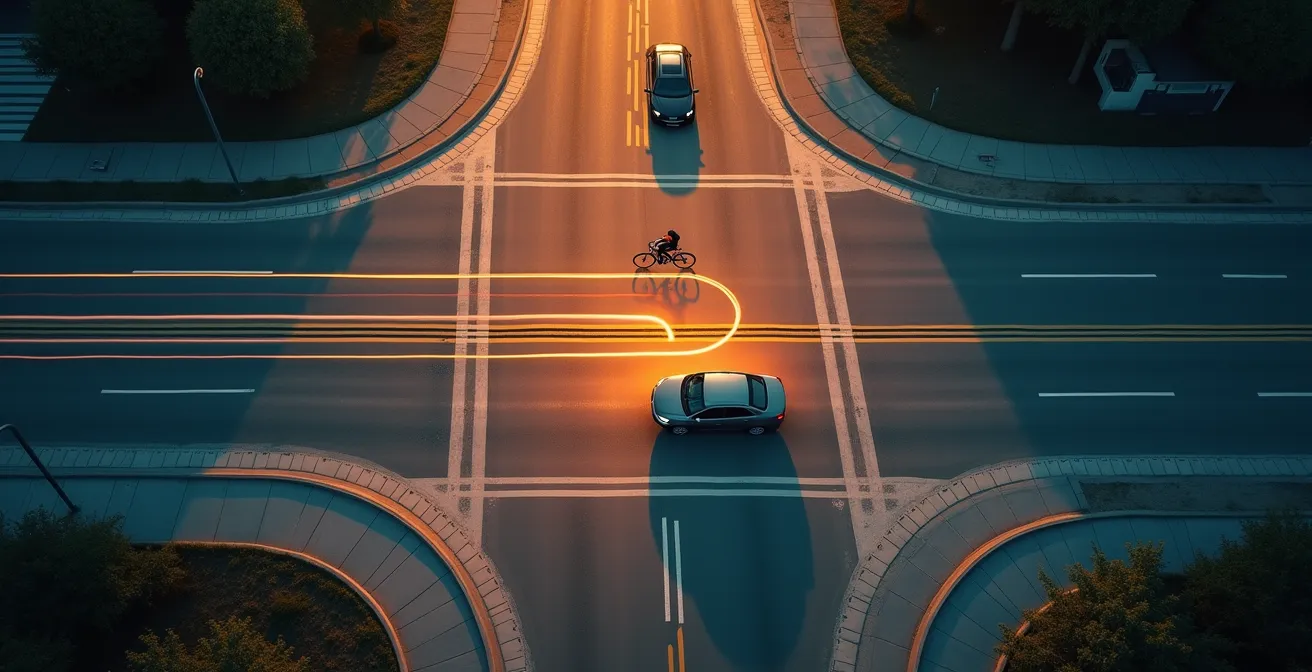 Aerial view of junction showing a cyclist's priority path straight ahead while a car waits to turn.