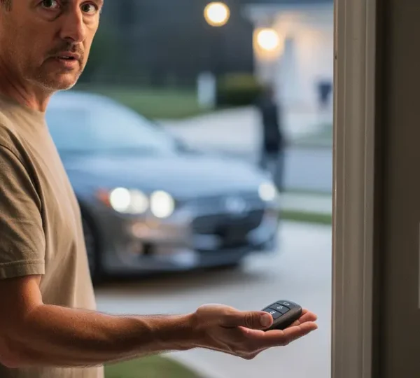 A modern car parked on a residential driveway at dusk while a person holds a key fob near the front door, suggesting the risk of keyless relay theft.