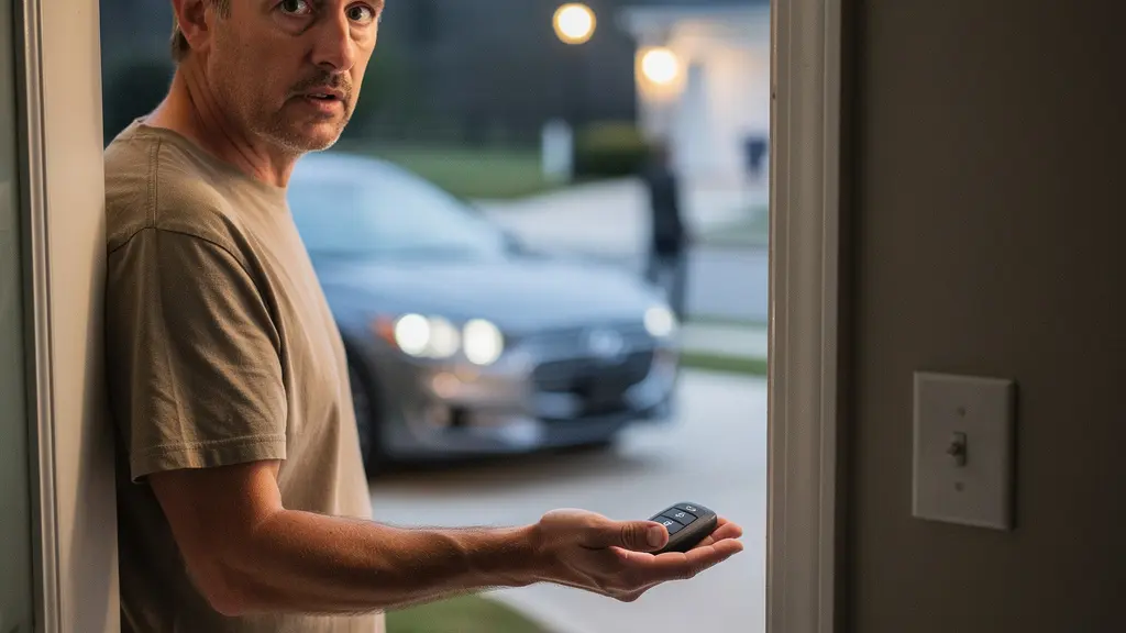 A modern car parked on a residential driveway at dusk while a person holds a key fob near the front door, suggesting the risk of keyless relay theft.