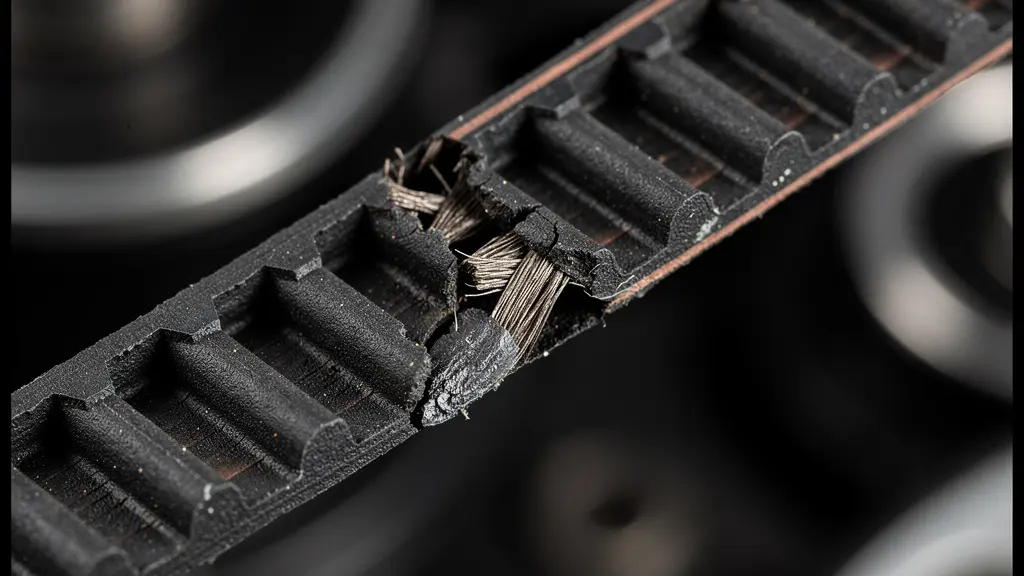 Extreme close-up showing timing belt rubber teeth wear patterns and material degradation