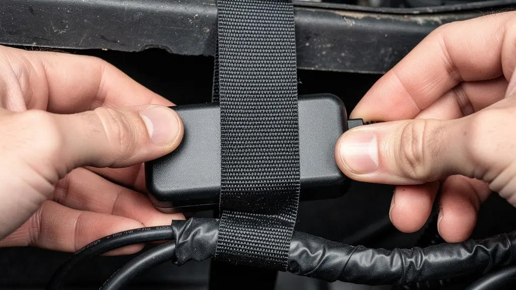 Macro close-up of a brandless GPS tracker-sized device being secured with fabric automotive tape alongside a vehicle wiring bundle, with no readable labels.