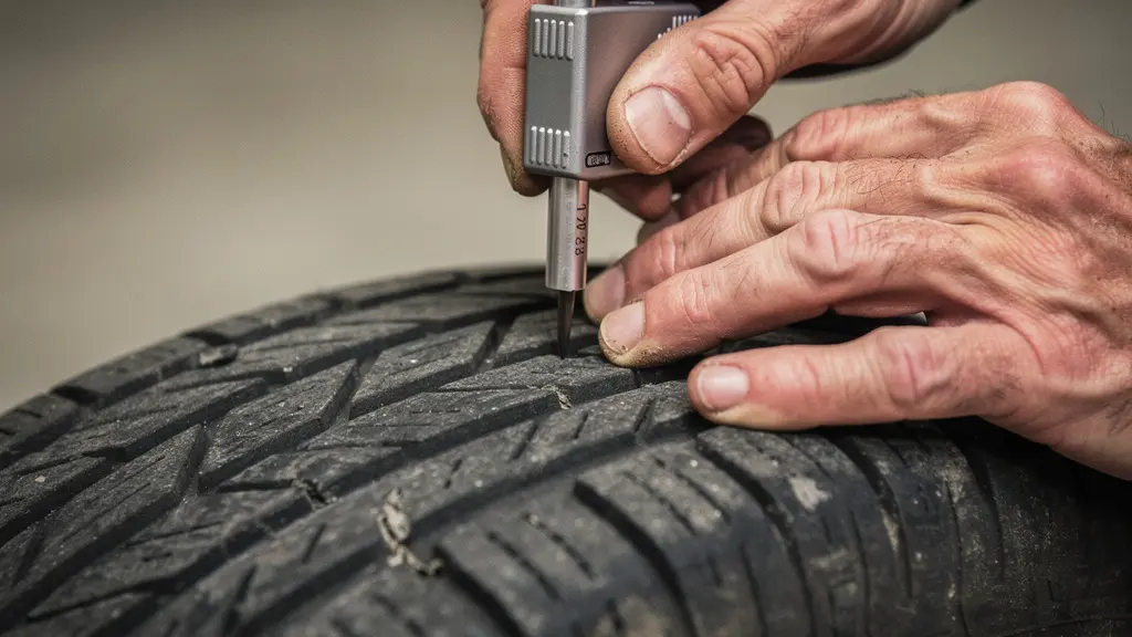 Detailed view of hands checking tyre tread depth with measuring tool