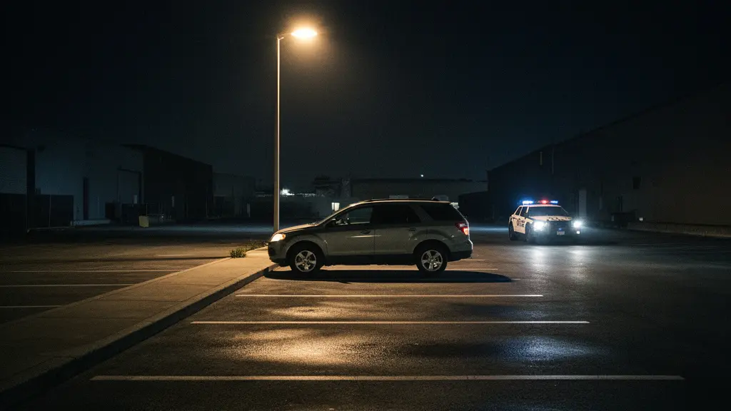 Wide, minimalist night scene of an unmarked police vehicle approaching a parked family SUV in a quiet lot, suggesting fast recovery without showing any screens or text.