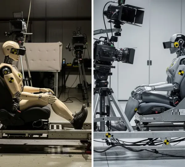 Evolution of car safety testing showing crash test dummies and safety ratings progression