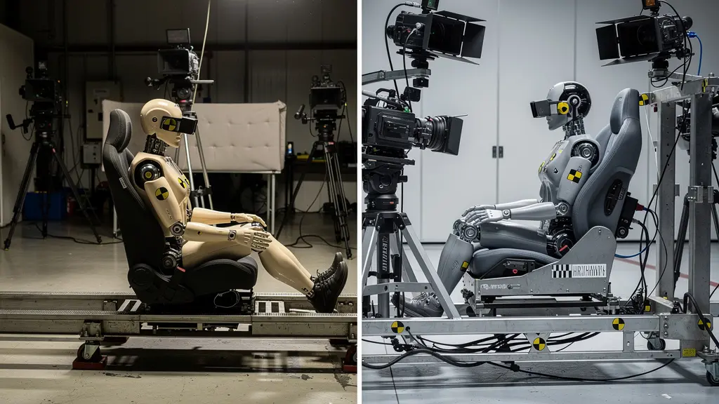 Evolution of car safety testing showing crash test dummies and safety ratings progression