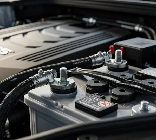 Modern car engine compartment showcasing advanced battery and electrical components