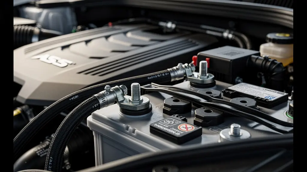 Modern car engine compartment showcasing advanced battery and electrical components