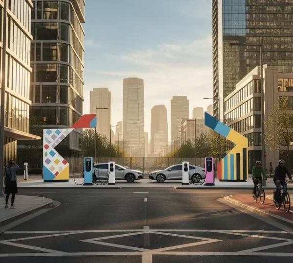 Modern urban street scene showing clean air zone signage and electric vehicles