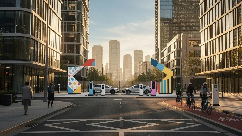 Modern urban street scene showing clean air zone signage and electric vehicles