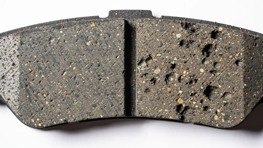 Close-up comparison of two brake pads showing material density differences