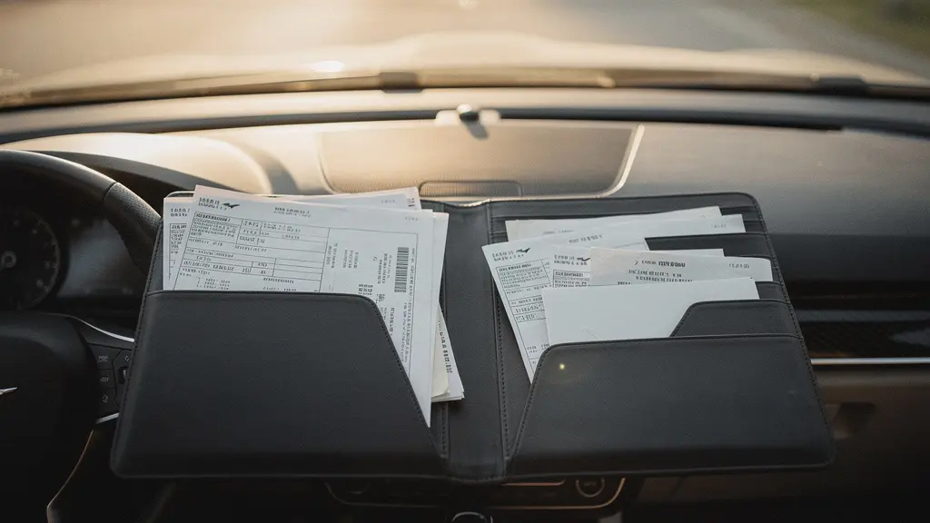 Well-organized folder of car service records positioned on vehicle dashboard