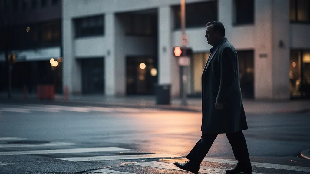Silhouette of a pedestrian in dark clothing crossing an urban street at dusk, illustrating the challenge of low-contrast detection for ADAS cameras.