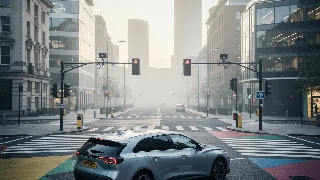 Plug-in hybrid vehicle approaching urban emission zone boundary in UK city
