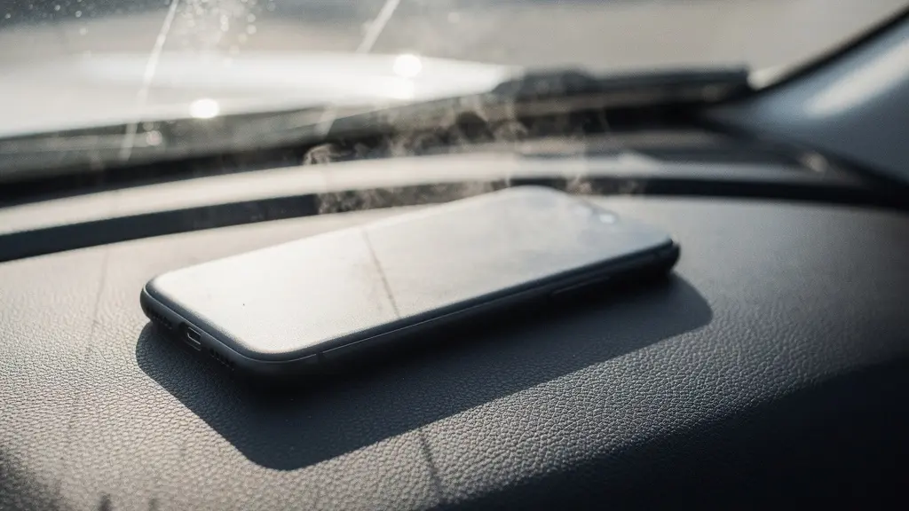 Abstract sunlit car dashboard area with heat haze and a dark phone-shaped object near the windscreen, suggesting overheating without showing any screen.