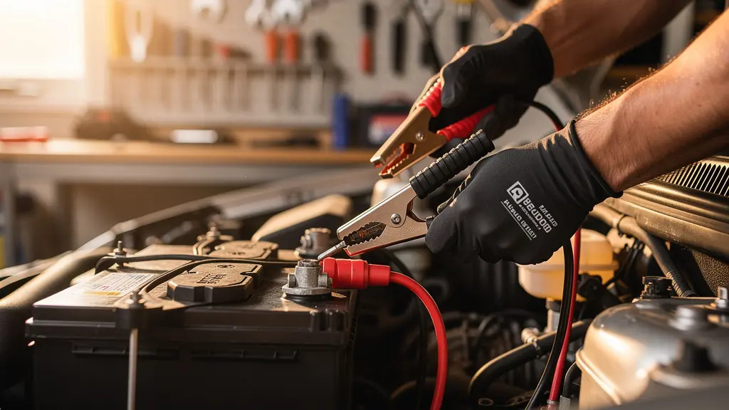 Car connected to battery tender in a garage before a software update