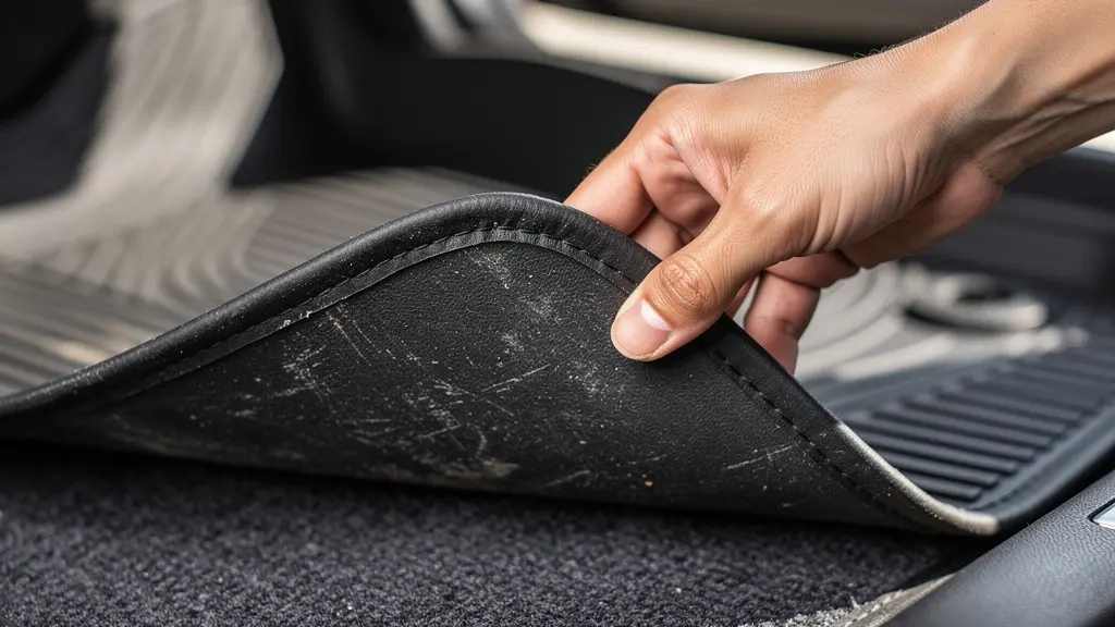 A hand lifting a custom rubber mat to reveal spotless, protected original carpet underneath.