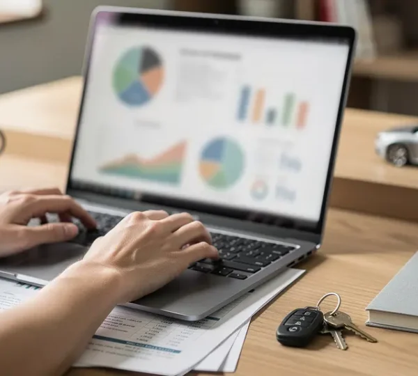 Professional driver calculating vehicle costs on laptop with car keys and financial documents