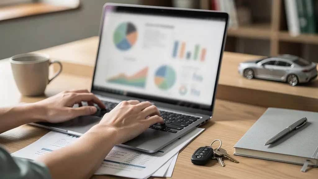 Professional driver calculating vehicle costs on laptop with car keys and financial documents