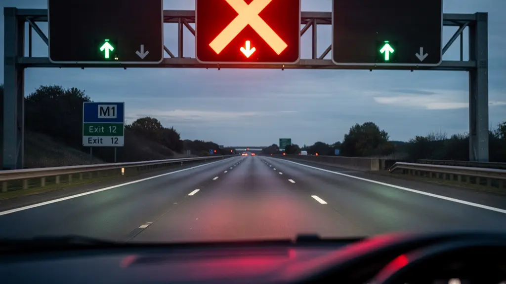 Red X signal on smart motorway showing lane closure danger