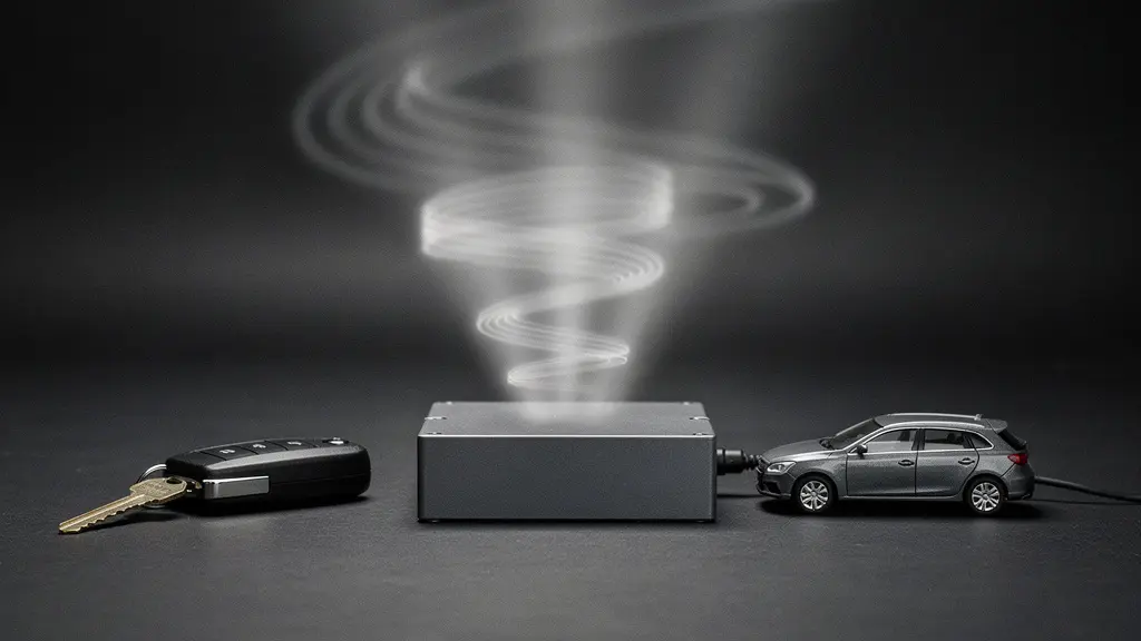 A conceptual scene of a key fob and a car linked by faint radio waves, with a small device implying signal amplification.