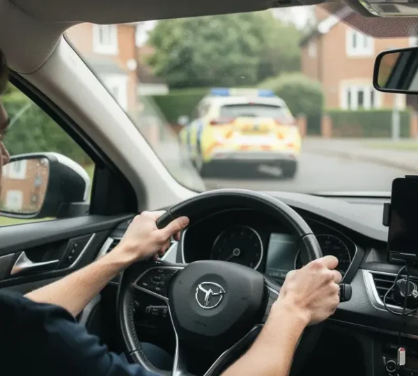 Right-hand-drive car interior with a phone mount positioned low and to the side, leaving the windscreen view clear.
