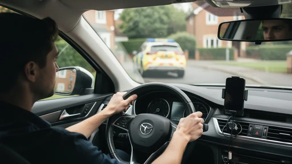 Right-hand-drive car interior with a phone mount positioned low and to the side, leaving the windscreen view clear.