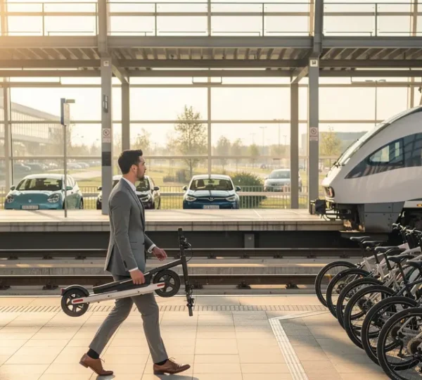 Urban commuter transitioning between car, bicycle, and train in a modern transport hub