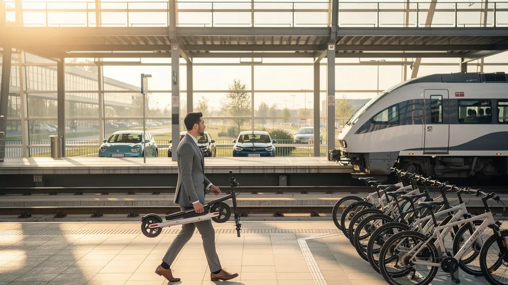 Urban commuter transitioning between car, bicycle, and train in a modern transport hub