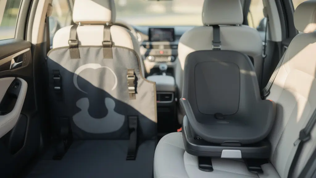 Wide angle view of car interior showing split protection system with child safety seat area and pet area separated