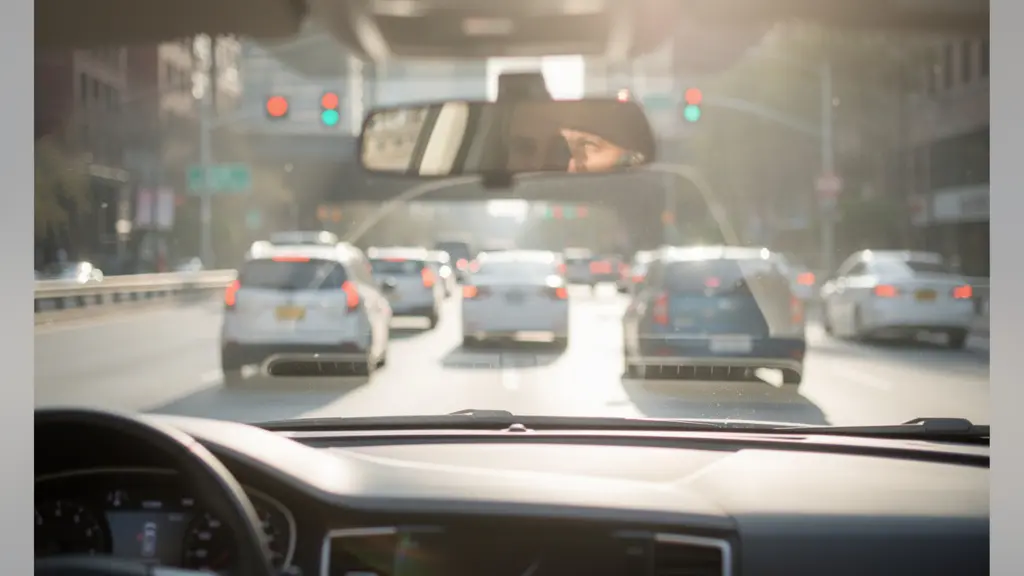 Driver's view demonstrating the three-point gaze technique with visual scanning zones