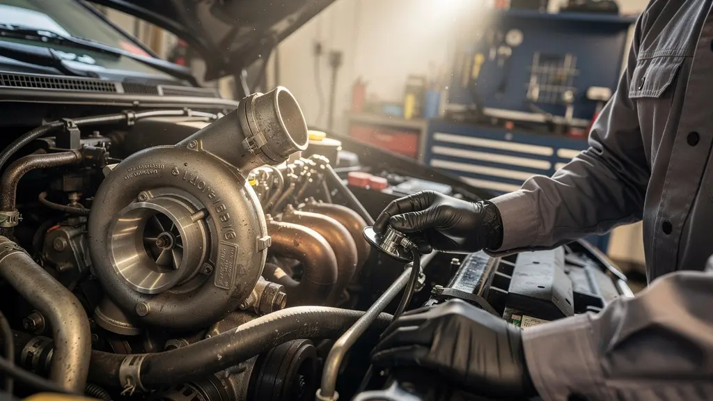Wide environmental shot of mechanic inspecting turbocharger in engine bay