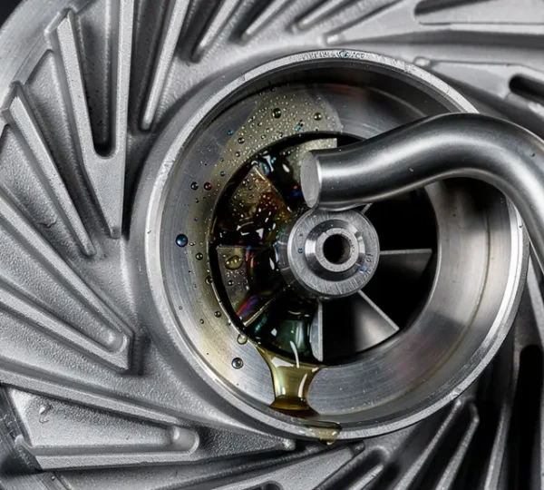 Close-up of a turbocharger with visible components and oil passages