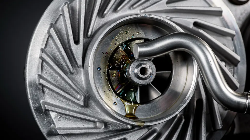 Close-up of a turbocharger with visible components and oil passages