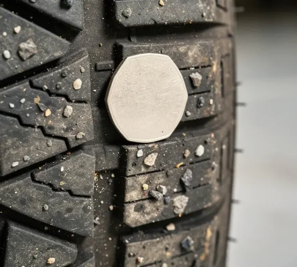 Professional demonstration of tyre tread depth testing using a 20p coin on a car tyre