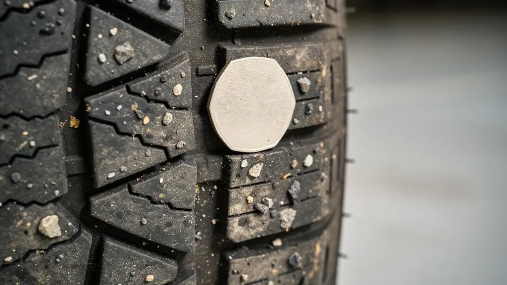 Professional demonstration of tyre tread depth testing using a 20p coin on a car tyre