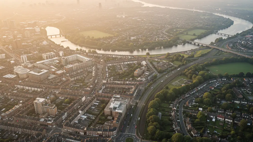 Aerial view of UK city showing clean air zone boundaries