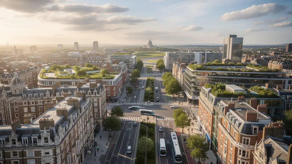Aerial view of UK city center with green spaces and clean transport infrastructure
