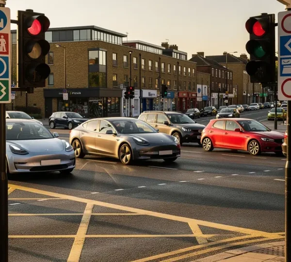 Modern UK city centre with clean air zone signage and traffic monitoring cameras
