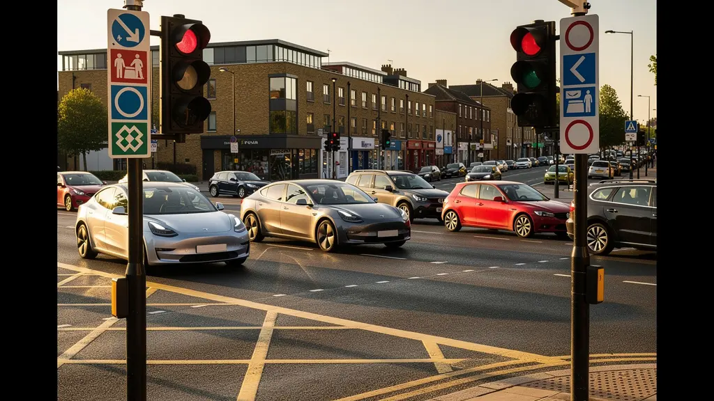 Modern UK city centre with clean air zone signage and traffic monitoring cameras