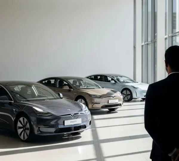 Strategic vehicle selection scene showing modern cars with tax calculation elements in UK setting