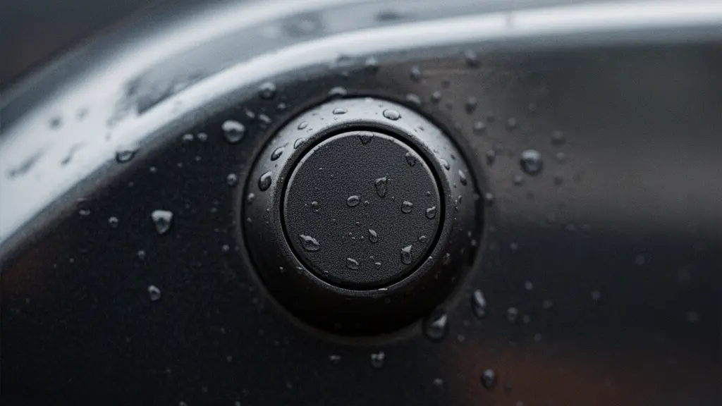 Extreme close-up macro photograph of a round ultrasonic sensor embedded in a car rear bumper, showing water droplets and surface texture.
