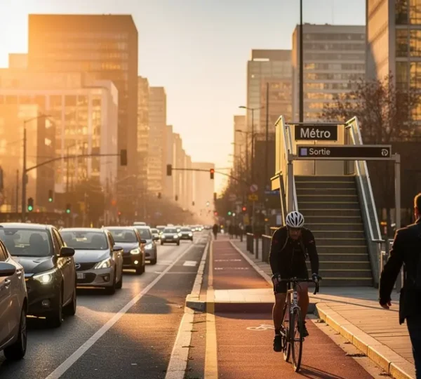Morning cityscape showing various commuting routes and transportation modes